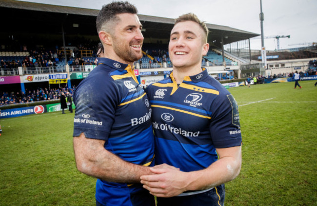 Rob Kearney and Jordan Larmour celebrate