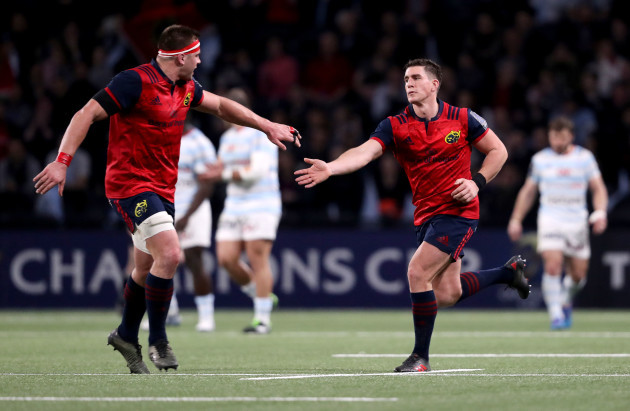 Ian Keatley celebrates kicking a penalty to take the score to 24-21 with CJ Stander