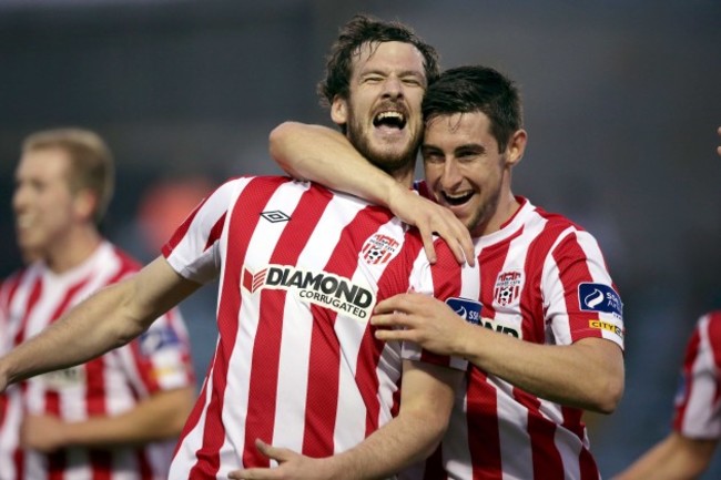 Aaron Barry congratulates goalscorer Ryan McBride