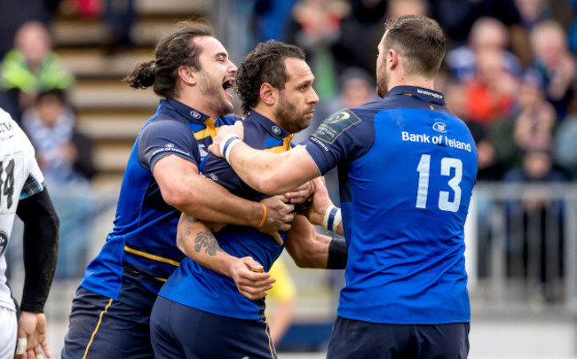 James Lowe and Robbie Henshaw celebrate with try scorer Isa Nacewa