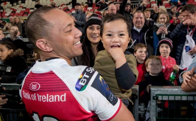 Christian Lealiifano celebrates with his son Jeremiah