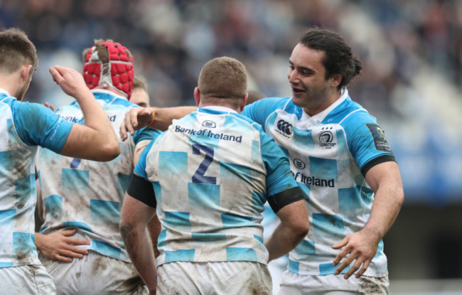 Sean Cronin celebrates his try with James Lowe