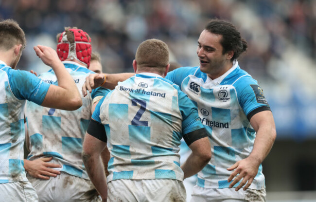 Sean Cronin celebrates his try with James Lowe