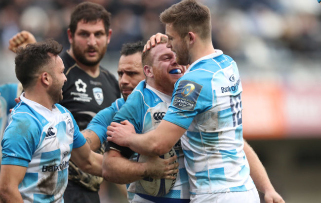 Sean Cronin celebrates his try with Jamison Gibson-Park and Ross Byrne