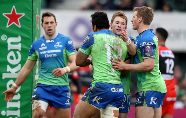 Bundee Aki celebrates scoring a try with Kieran Marmion and Eoin Griffin