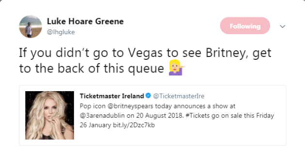 Britney Spears is officially playing Dublin this year so ...