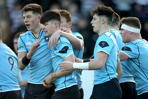 Chris Cosgrave celebrates scoring a try with Lee Barron