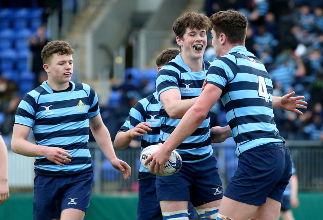 Max Mellet celebrates scoring a try with Max Gerhardt