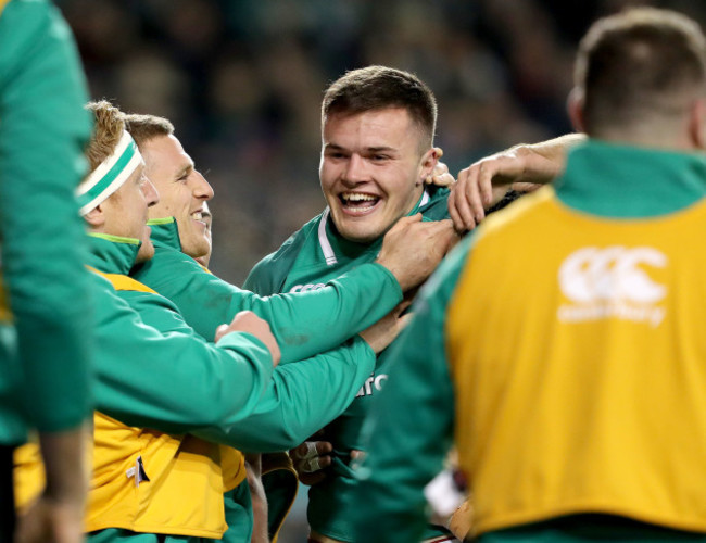 Jacob Stockdale celebrates scoring a try