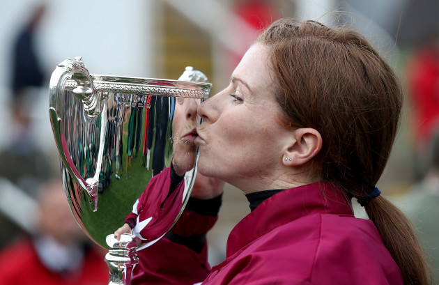 Lisa O'Neill celebrates winning the JT McNamara National Hunt Amateur Riders Steeplechase on Tiger Roll