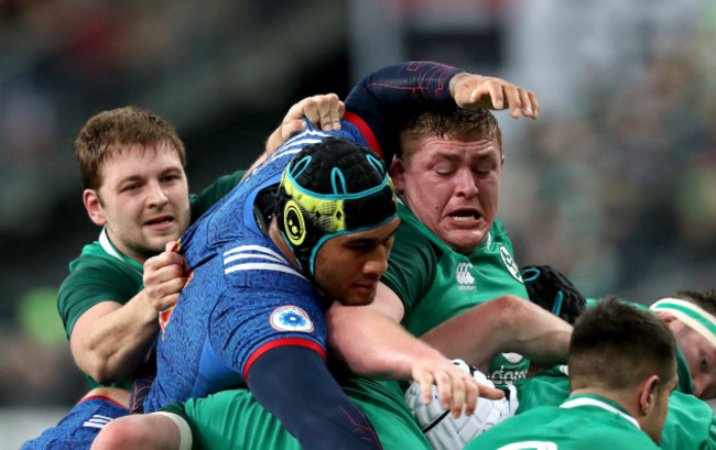 Iain Henderson and Tadhg Furlong compete with Sébastien Vahaamahina