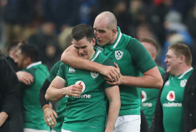 Jonathan Sexton celebrates kicking a drop goal to win the game with Devin Toner