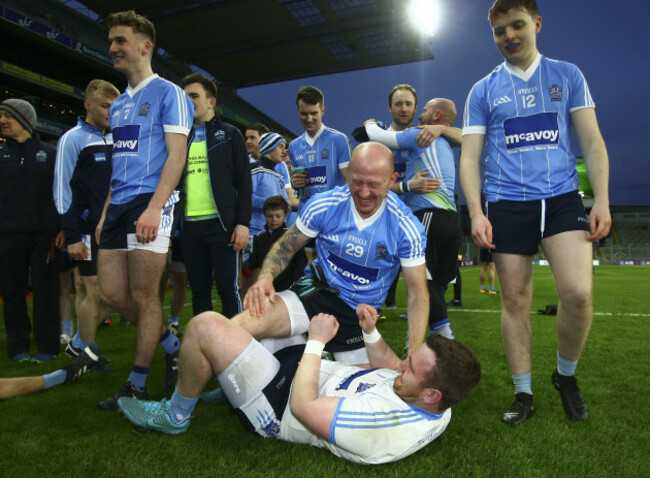 Kris Kavanagh celebrates with Nathan Brady at the end of the game