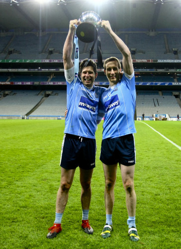 Sean Cavanagh and Colm Cavanagh celebrate with the trophy at the end of the game