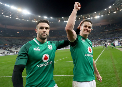 Johnny Sexton and Conor Murray celebrate after the game