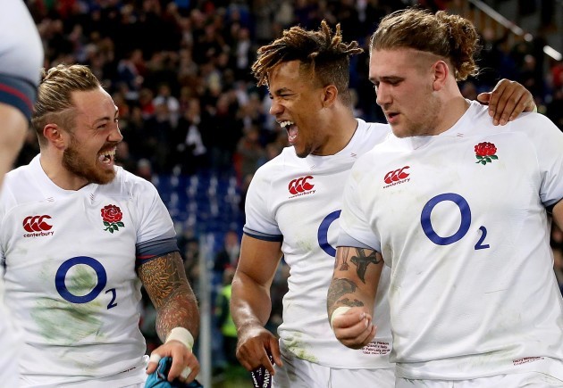 Jack Nowell, Anthony Watson and Harry Williams celebrate after the game