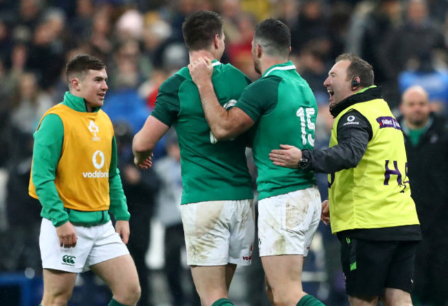 Johnny Sexton, Rob Kearney and kicking coach Richie Murphy celebrate