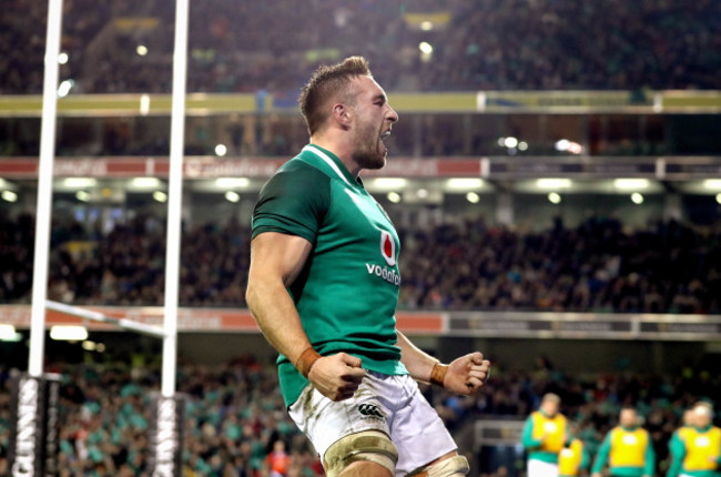 Jack Conan celebrates scoring their third try