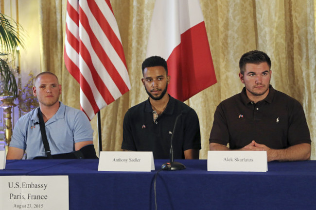 Anthony Sadler, Alek Skarlatos and Spencer Stone Give A Press Conference At US Ambassador's Residence In Paris