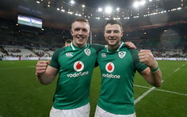 Dan Leavy and Robbie Henshaw celebrate winning