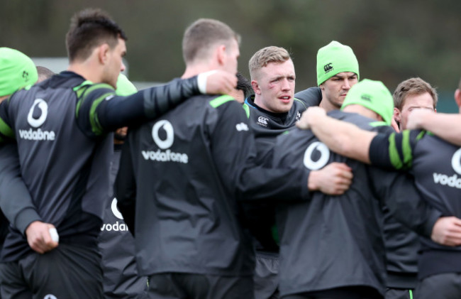 Dan Leavy with Jonathan Sexton in the team huddle