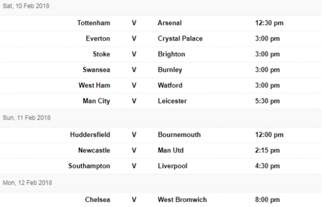 PL fixtures 9 Feb