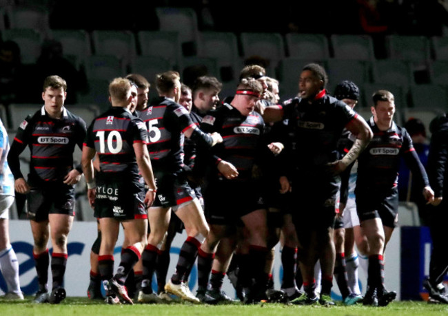 Edinburgh players celebrate Murray McCallum's try