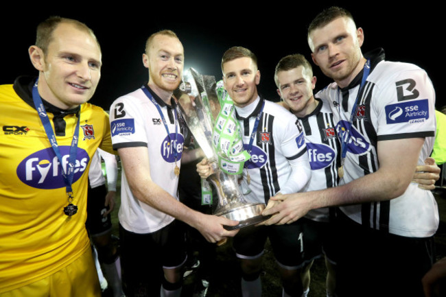 Gary Rogers, Chris Shields, Patrick McEleney, Ciaran O&rsquo;Connor and Ciaran Kilduff celebrate with the SSE Airtricity League trophy