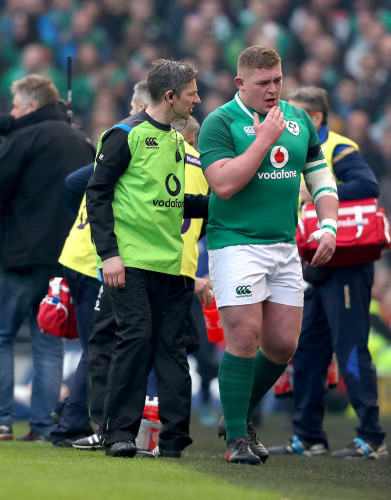 Tadhg Furlong leaves the field with an injury