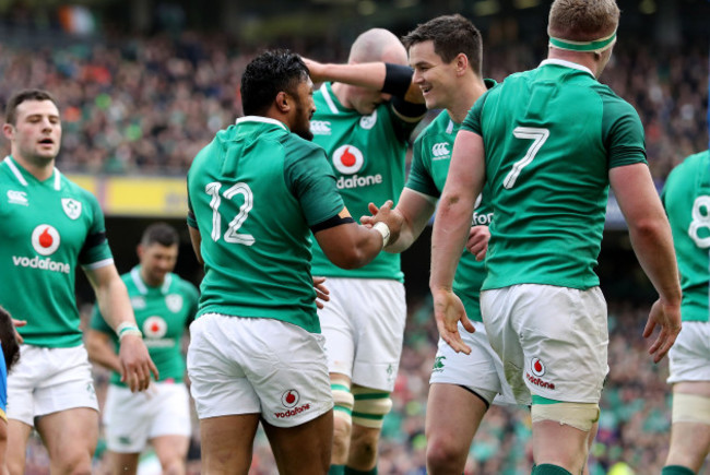 Bundee Aki celebrates scoring his sides third try with Jonathan Sexton