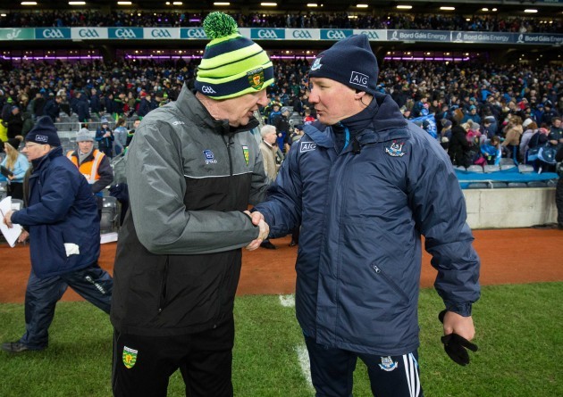 Jim Gavin shakes hands with Declan Bonner after the game