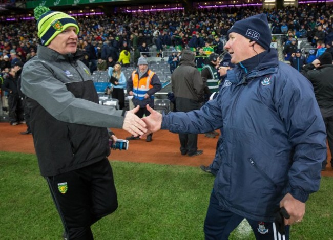 Jim Gavin shakes hands with Declan Bonner after the game