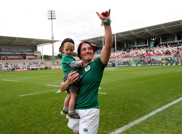Lindsay Peat with her son Barra after the game