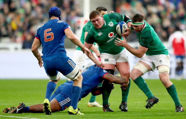 Jefferson Poirot tackles Tadhg Furlong and Peter O’Mahony