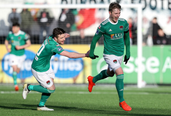Kieran Sadlier celebrates scoring their third goal with Steven Beattie