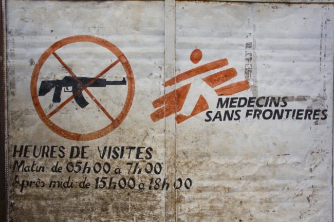 no arms sign on gate of MSF spain hospital in batangafo in central african...