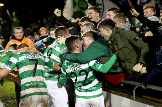 Michael O'Connor celebrates scoring his sides second goal with Rovers' fans