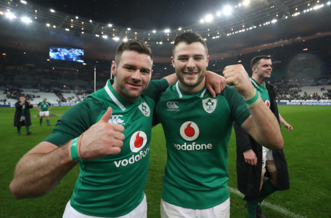 Fergus McFadden and Robbie Henshaw celebrate winning