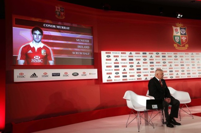 Conor Murray is selected as head coach Warren Gatland looks on