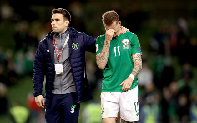 Seamus Coleman and James McClean dejected after the match