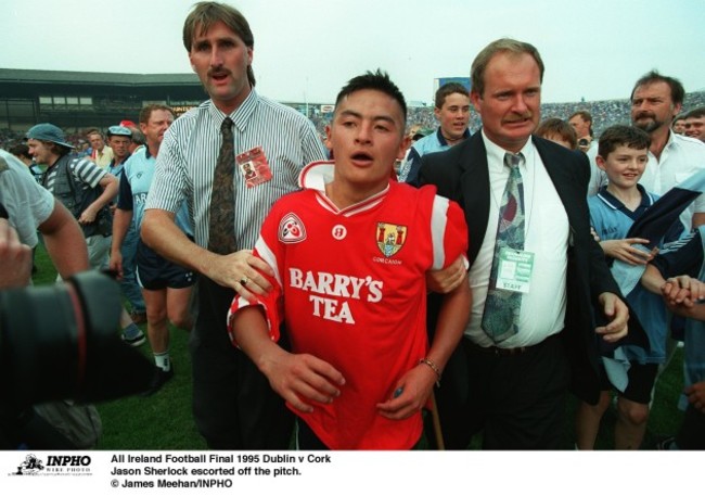 Jason Sherlock escorted off the pitch 1995