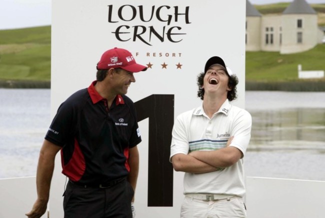 Padraig Harrington and Rory McIlroy share a joke