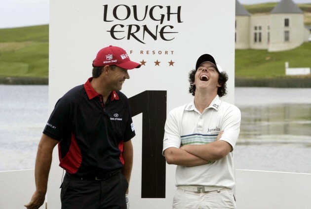 Padraig Harrington and Rory McIlroy share a joke