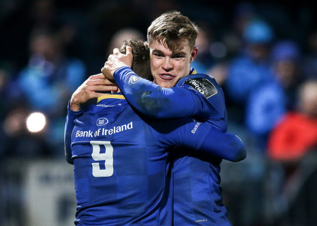 Nick McCarthy celebrates scoring his side's seventh try with Garry Ringrose