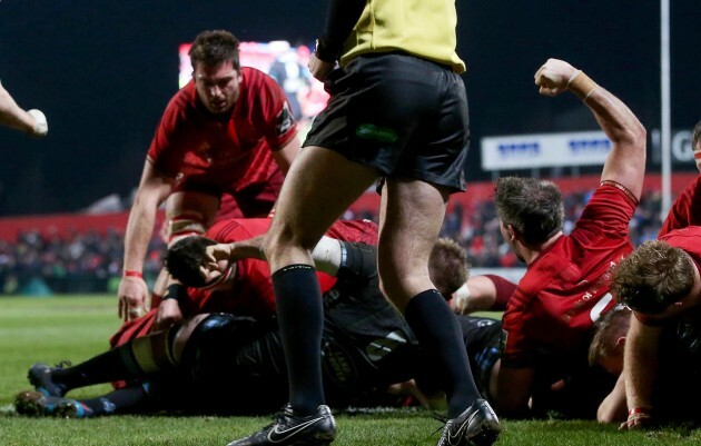 Dave O'Callaghan celebrates Niall Scannell's try