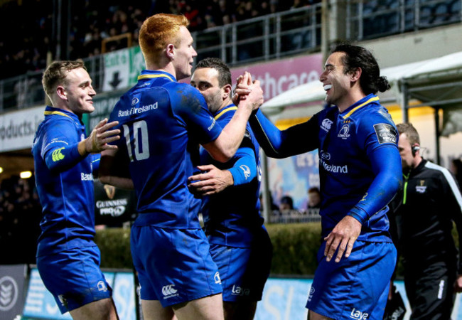 James Lowe celebrates scoring his side's eight try with Ciaran Frawley