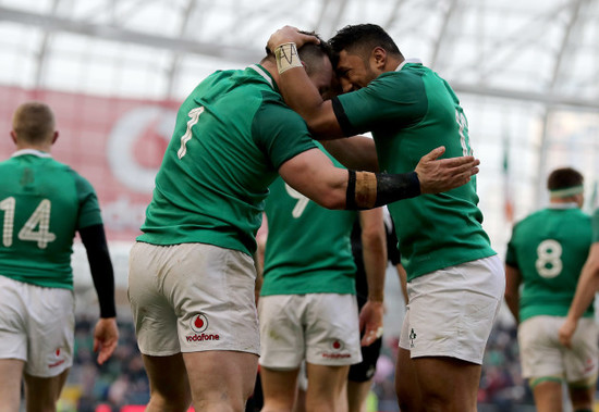 Cian Healy celebrates scoring their fourth try with Bundee Aki