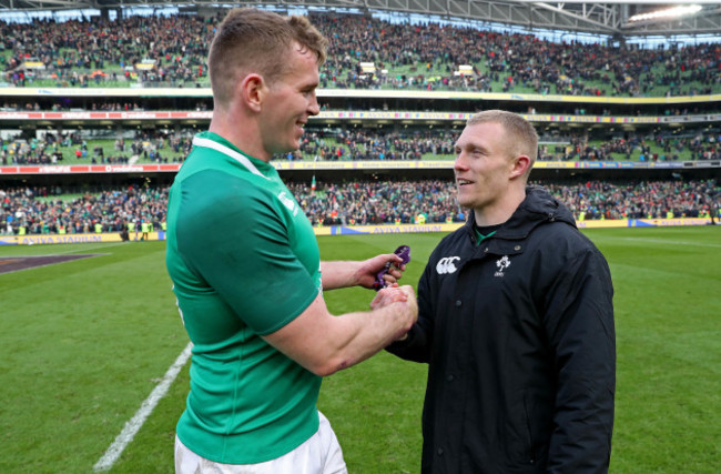 Chris Farrell and Keith Earls celebrate after the game