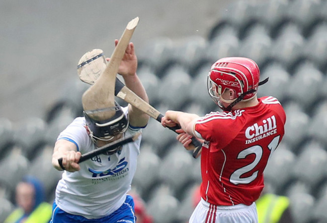 Lorcan McLoughlin breaks the hurley of Jamie Barron