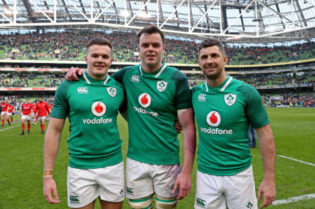 Jacob Stockdale, James Ryan and Rob Kearney celebrate after the game